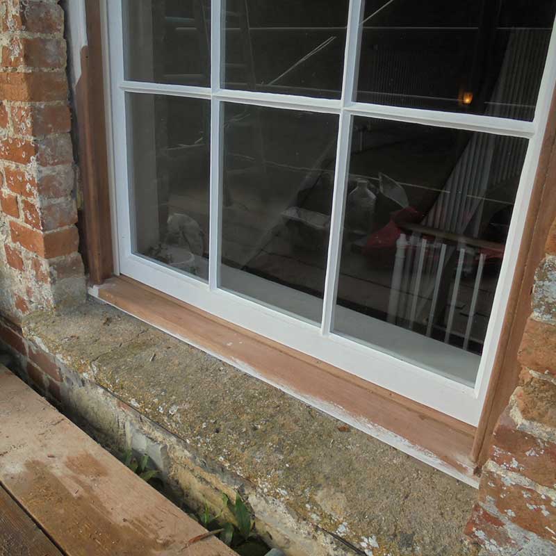 Timber Window Conservation - Wood framed sash window, frame repaired ready for redecoration