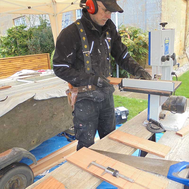 Timber Window Conservation - Richard Barrett preparing repairs in mobile workshop