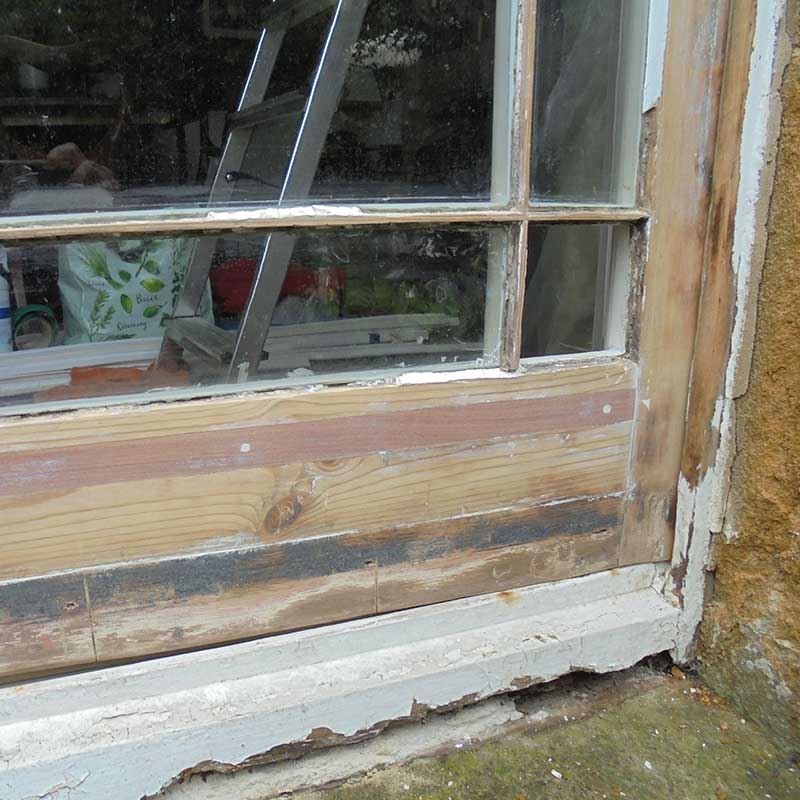 Timber Window Conservation - Wood Door and frame being assessed for repairs required before redecoration